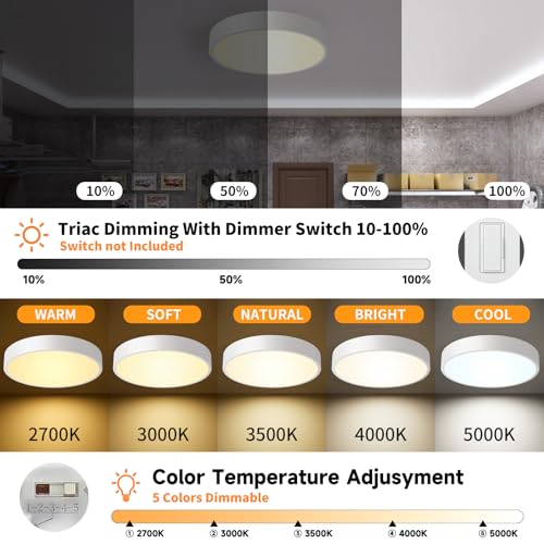 Image of Flush Mount Ceiling Light Fixtures White LED Dimmable 5CCT 12In 24W 2Pack