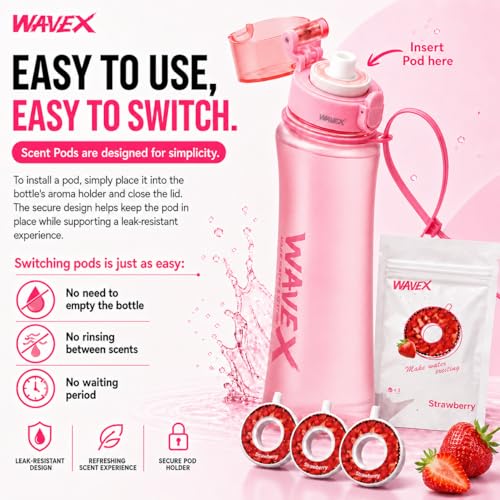 Image of WaveX Scented Water Bottle, Includes 3 Strawberry Scent Pods, BPA Free, Flip Top Leak-Proof Lid, Straw & Carry Strap Included, Subtle Flavor Experience, No Sugar or Calories, (Soft Rose Pink)