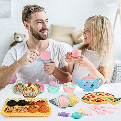 BGdoyz Kids Tea Set Princess Tea Time Toy, 74 Pieces Pretend Play Food Set Tea Party Playset Accessories, Including Plastic Teapots Teacups Cookies Cakes Donuts for Toddlers,Boys Girls