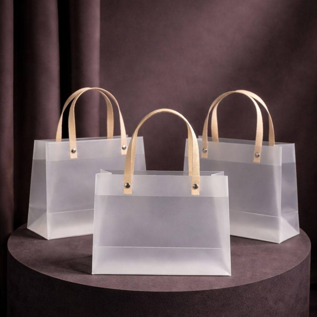 SATYAM KRAFT 4 Pcs Translucent Gift Bags with Golden Handle, Reusable Carry Bag | Perfect for Wedding, Valentine’s Day Return Gifts Birthday Anniversary Party Favours Hampers Festive Gifting (14.5 x 19.5 cm)