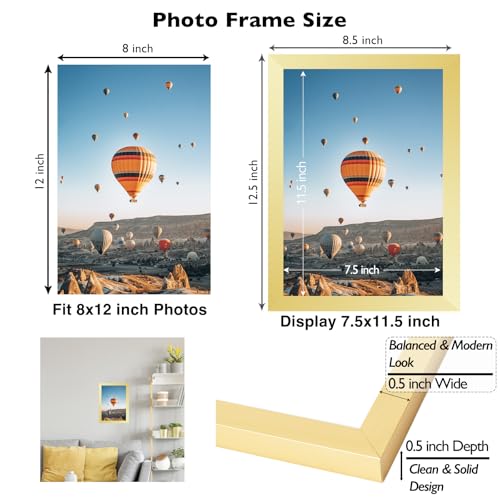 Image of JCJMY 8x12 Picture Frame Gold for Wall Hanging or Tabletop, Wall Mounting Horizontally or Vertically, 8 x 12 Wall Gallery Poster Photo Frame with Durable Shatter Resistant Plexiglass, Gold