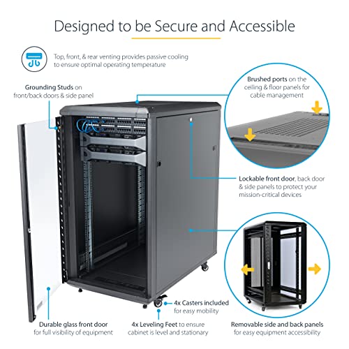 Image of StarTech 22U 4-Post Server Cabinet, 33in /83cm Deep, 1764lb (RK2236BKF) | 19in enclosed enterprise steel rack, Adjustable depth 5.7in-33in, Lockable vented doors, Casters & feet