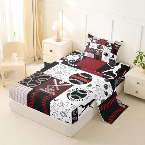 Image of Castle Fairy Baseball Bed Sheet Set Twin Size,Sports Geometric Grid Red Sheet Set Kids Teens,Patchwork Baseball Bedding Decor Set with 1 Flat & 1 Fitted Sheet with 1 Pillow Sham