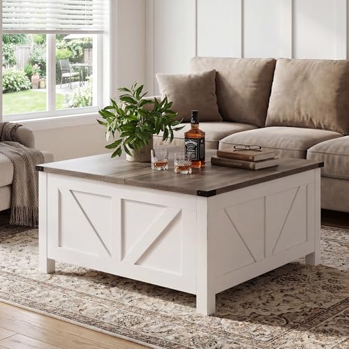 QUYZE 35” Farmhouse Coffee Table with Large Storage, Rustic Wood Lift Top Coffee Table for Living Room, Square Center Table with Charging Station&USB, Modern Port Pottery Barn Lift top Table