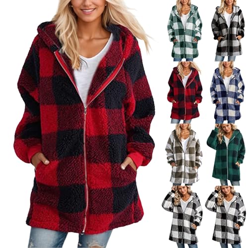 Flannel Plaid Shacket Women Plus Size Zip Up Hooded Jacket Casual