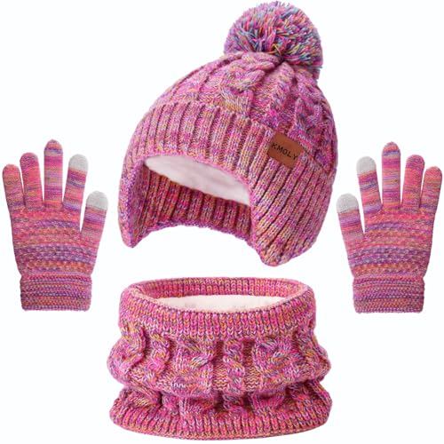 Image of Kids Winter Hat Gloves Scarf Set,Beanie with Pom Earflaps Neck Gaiter Fleece Lined Touchscreen Gloves for Girls Boys 3-10Y
