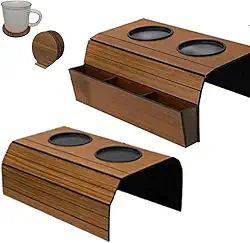 Kit 2 esteiras para braço de sofá com porta copos e porta controle remoto MDF ajustável cor tabaco(1 esteira com porta controle, 1 esteira sem porta controle e 4 porta copos)
