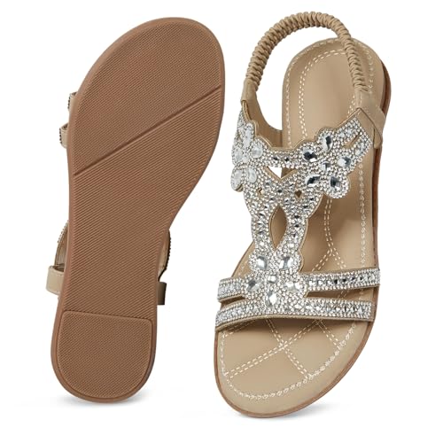Image of iCKER Womens Rhinestone Strappy Flat Sandals Elastic Ankle Strap Open‑Toe | Sparkling,for wedding,party,evening dates,special occasion,Vacation,Formal