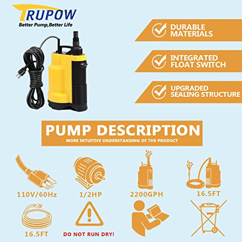 Image of Trupow 110V 1 /2HP 2200GPH Submersible Utility Electric Sewage Drain Flood Clean /Dirty Water Transfer Sump Pump with Built in Automatic ON /OFF Switch