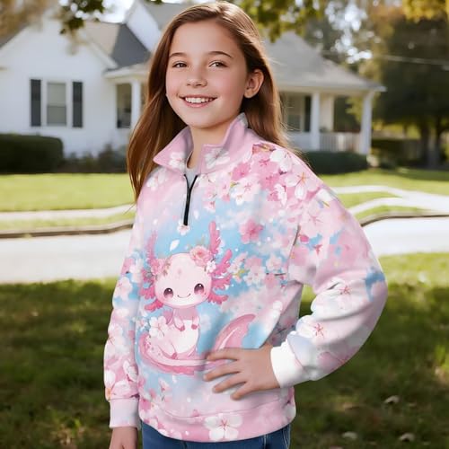 Girls 1/4 Zip Sweatshirt Cute Print Long Sleeve Pullover Sweatshirt Casual Oversized Athletic Tops Size 5-14 Years4