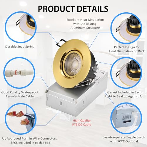 Image of POPANU Premium Shiny Gold 3-inch LED Recessed Lights - 5 CCT 3 Inch Eyeball Ceilling Gimbal Potlight, Dimmable Recessed Lights Fixture with Junction Box, 8W CCT Adjustable, Shiny Gold, 6P