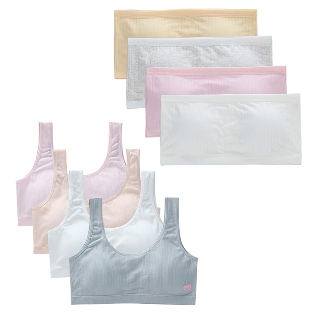 8 sztuk biustonoszy bez ramiączek dla dziewczynek, biustonosz typu bandeau, dla dziewcząt, oddychająca bielizna bawełniana, sportowy bandeau z wyjmowanymi wkładkami, wyściełany biustonosz typu bandeau