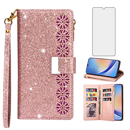 Étui portefeuille cuir PU or rose Samsung A34 5G avec verre de protection