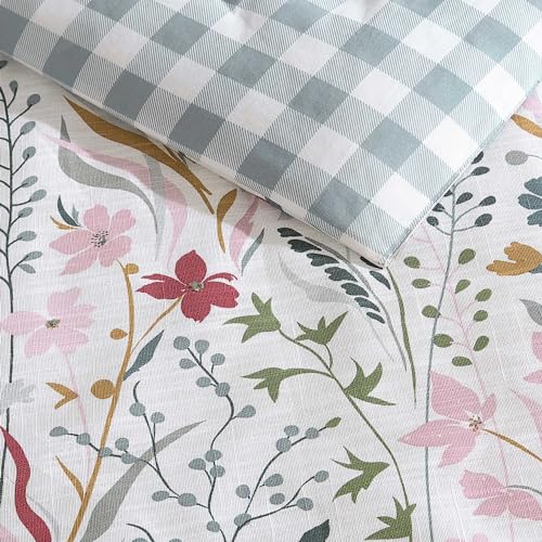 Image of Eddie Bauer - King Comforter Set, Reversible Cotton Bedding with Matching Shams, Classic Floral Home Decor with Plaid Reverse (Woodland Forest Grey, King)