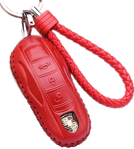 WAFERN Red alfskin Genuine Leather Car Remote Key Fob Case Holder Cover Shell with Braided Key Chain & Key Rings Fit for Porsche Cayenne Panamera 911 Smart Key Gifts