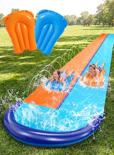 Sloosh Toboggans à eau doubles de 9,9 m, toboggan de pelouse robuste avec arroseur et 2 planches gonflables pour jardin, cour, pelouse, été, jouet aquatique d'extérieur pour enfants et adultes