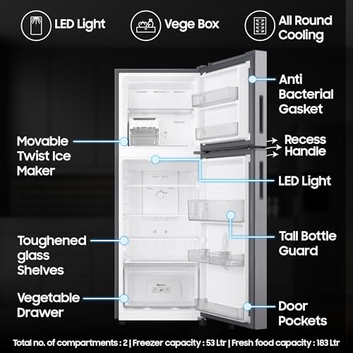 Image of Samsung 236 L, 3 Star, Digital Inverter, Frost Free Double Door Refrigerator (RT40H28W3QHL, Gray Silver, 2026 Model)