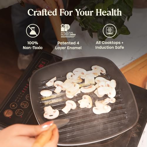 Image of CUMIN CO. Cast Iron Grill Pan | 24 cm, 1.2L | Induction Base Cookware | 10 Year Warranty | Non Toxic Non Stick Pan for Kebab and Tikkas | Chemical Free Coating | Grill Safe | White