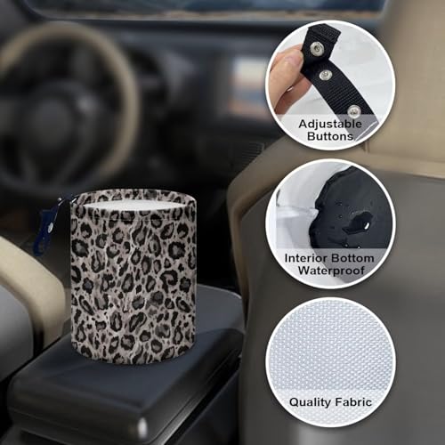Image of Renewold Leopard Gray Car Trash Can Bin Automotive Front Back Seat Garbage Cans Vehicle Trash Bag with Adjustable Button Straps Auto Waster Container Camping Hiking Beach Storage Bag Waterproof