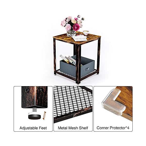 Rolanstar Rustic End Table, 2-Tier Side Table with Retro Metal Frame and Iron Mesh Storage Organizer Shelves, for Living Room, ED001-A - Image 7