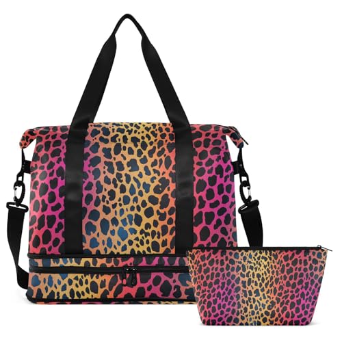 ALAZA Rainbow Color Leopard Spots Geometric Gym Bag Sports Duffel Bag with Shoes Compartment, Overnight Weekender Travel Tote Bag for Women Men Trip College2
