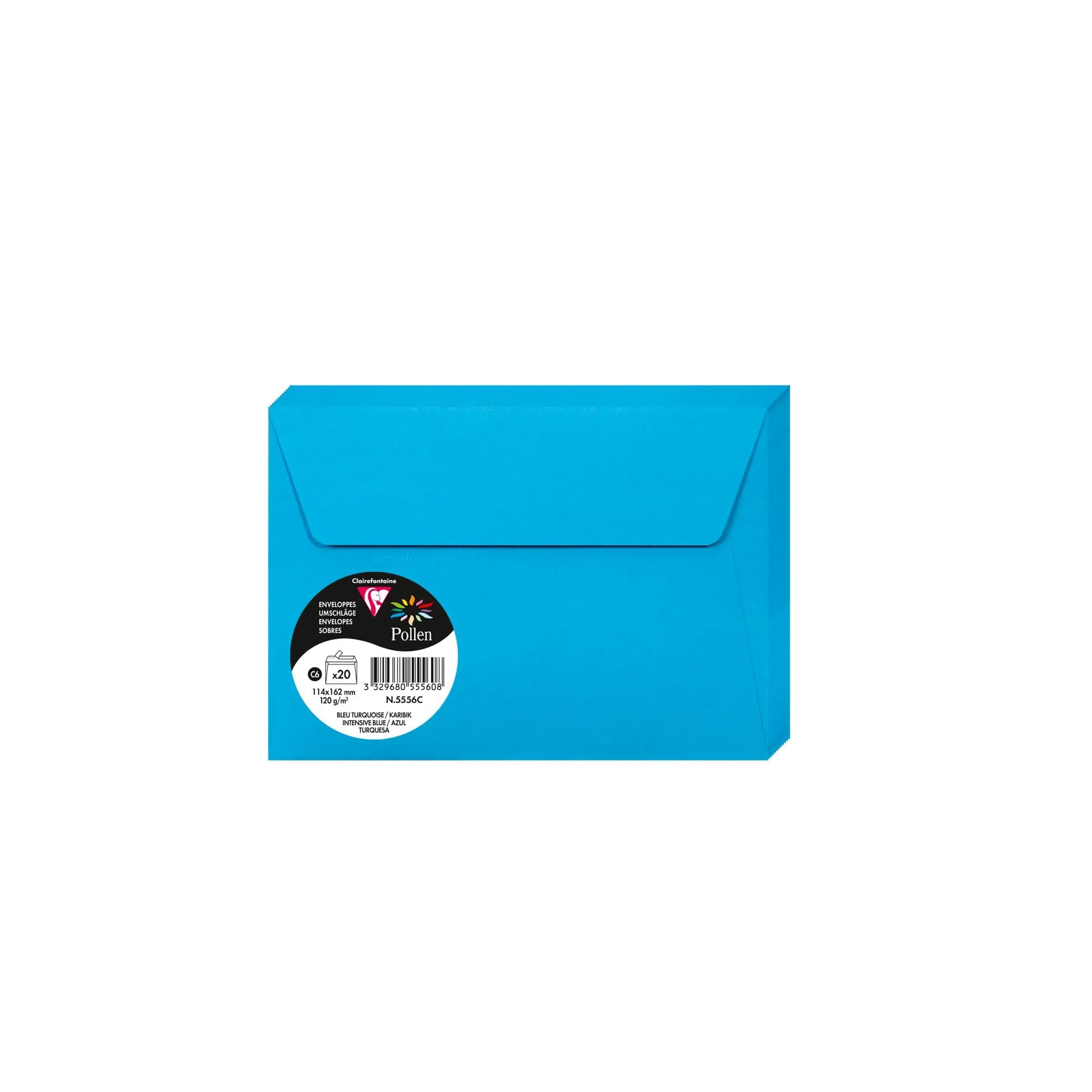 Clairefontaine 5556C Pack of 20 Self-Adhesive Envelopes C6 11,4x16,2cm 120gsm Intensive Blue Invitation Events Correspondence Pollen Range Smooth Premium Paper