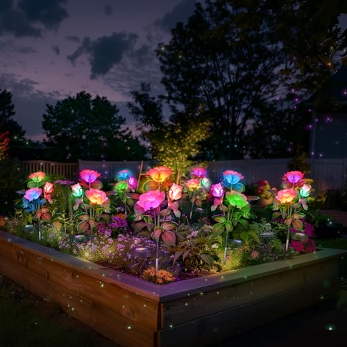 Image of Rose Lights Solar Powered for Women: Garden Light Waterproof for Yard Decorations Outdoor - Flower Lamp Colorful Lighting Cemetery Decor - Mother'S Day Birthday Gifts for Mom Wife 2 Pack Colorful