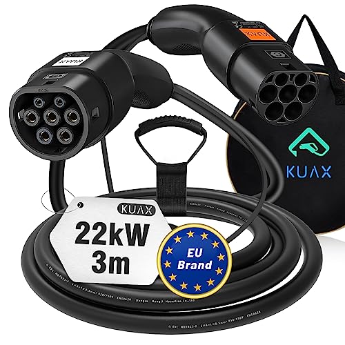KUAX Typ 2 Ladekabel 22KW 3 Phasen Ladekabel mit 32A, 3M, 22KW, IP54, IEC-62196-2 geeignet für Model S/3/X/Y | e-Golf/e-UP/ID.3 | i3/i8 (Schwarz)