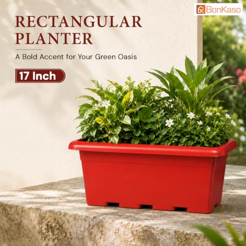 Image of Bonkaso 17 Inch Rectangular Planter, Set of 3|UV Resistant Plastic Flower Pot for Balcony Railing, Window Sill & Terrace Garden | Rectangular Indoor & Outdoor Plant Pot, Terra Red
