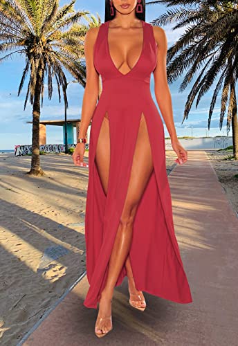 Image of Women's Sexy V Neck Sleeveless High Split Club Party Maxi Dresses