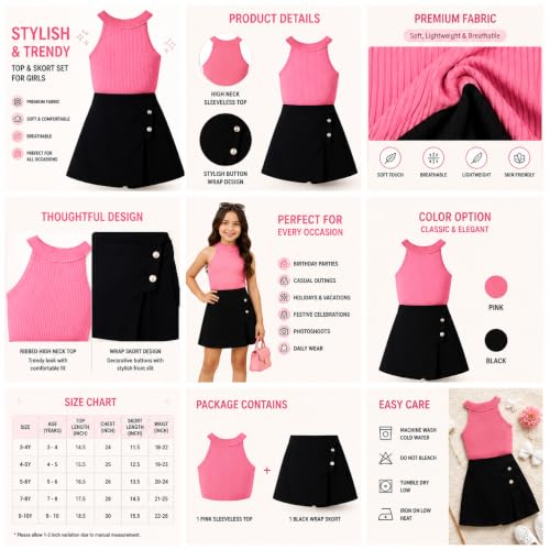 Image of RIYANSHI Girls Halter Neck Ribbed Top with A-line Skirt Set | Cotton Blend, 2 Piece Outfit, Button Detail, Ages 1-10 Years, Casual Wear