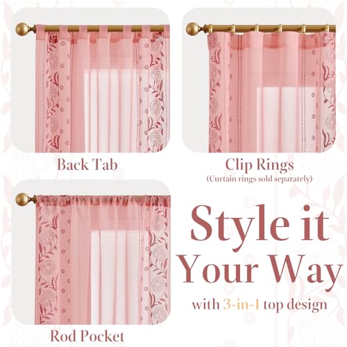 Image of jinchan Winslow Sheer Curtains 96 Inch for Bedroom Living Room Embroidered Bordered Floral Nursery Curtains for Girls Room Light Filtering Window Treatments, Pink on Pink, 2 Panels, 50 inch x 96 inch