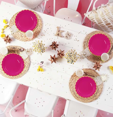 Image of HEIPINIUYE 50 Pieces Hot Pink Paper Plates with Gold Foil 7 Inch Disposable Pink Scalloped Dinner Plates for Wedding Baby Shower Birthday Party Dessert Plate
