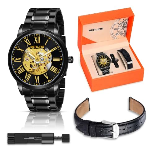 Image of Benling Men's Skeleton Automatic Analog Watch Combo | Open Gear Dial | Leather and Stainless Steel Chain Strap | Luxury Mechanical Movement | Casual & Formal Wear Stylish Wrist Watch for Men