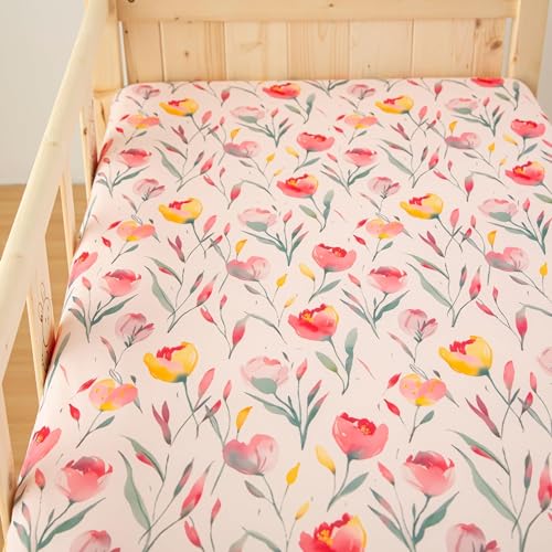 Image of SDIII 2 Pack Pink Floral Crib Sheets for Baby Girl 52x28 Stretchy Microfiber Jersey Knit Pink Crib Sheets for Standard Crib and Toddler Mattress