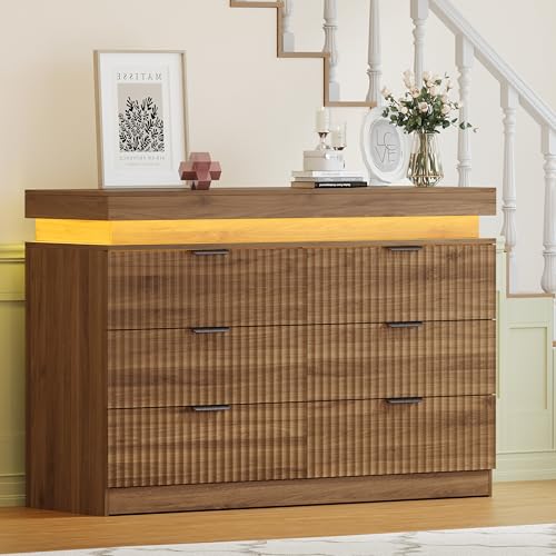 Image of 6 Drawer Dresser with LED Lights and Charging Station, 47 inch Wide Walnut Wood Fluted Dresser for Bedroom, Modern Chest of Drawers for Closet Organizer Cabinet for Living Room, Entryway, Hallway