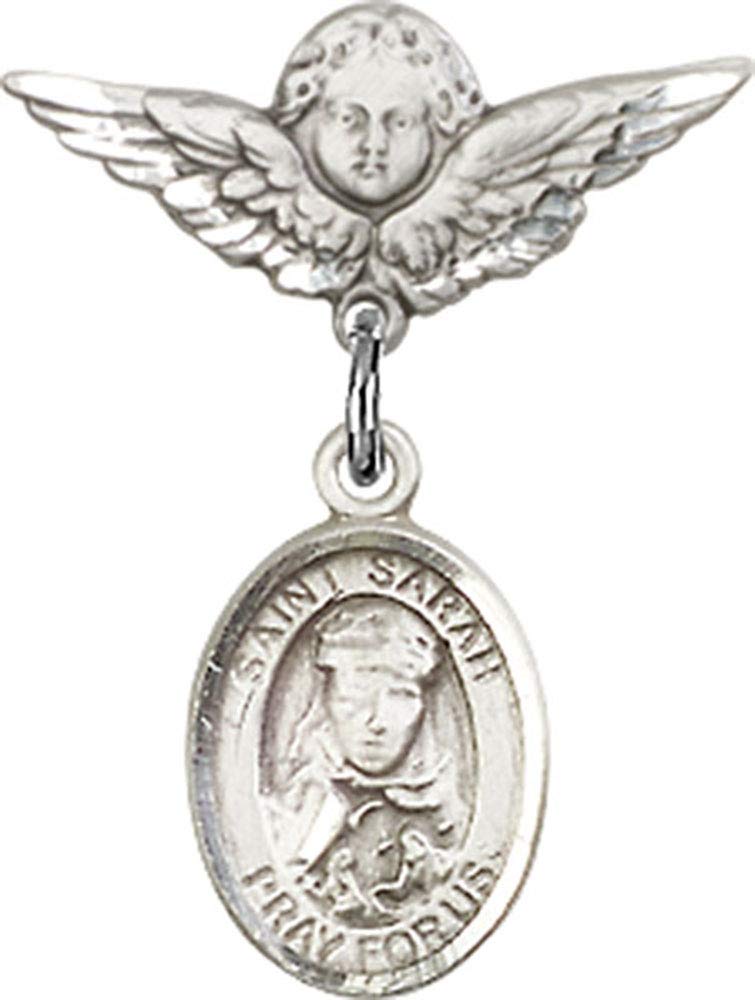 Jewels Obsession Baby Badge with St. Sarah Charm and Angel with Wings Badge Pin | Sterling Silver Baby Badge with St. Sarah Charm and Angel with Wings Badge Pin - Made In USA