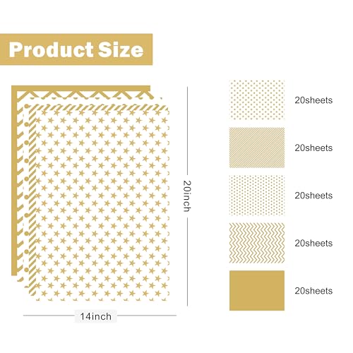 Bobobag 100 folhas de papel de seda dourado para sacos de presente, papel de seda de natal de 20 