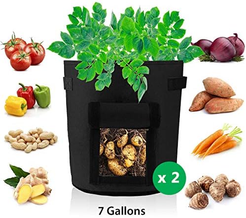 Ankier Potato Growing Bags,2 pack 7 Gallon Vegetable Grow Bags Planter Container with Hook & Loop Window and Strap Handles - Non-woven Garden Plant Bags for Various Vegetables and Flower [Black]