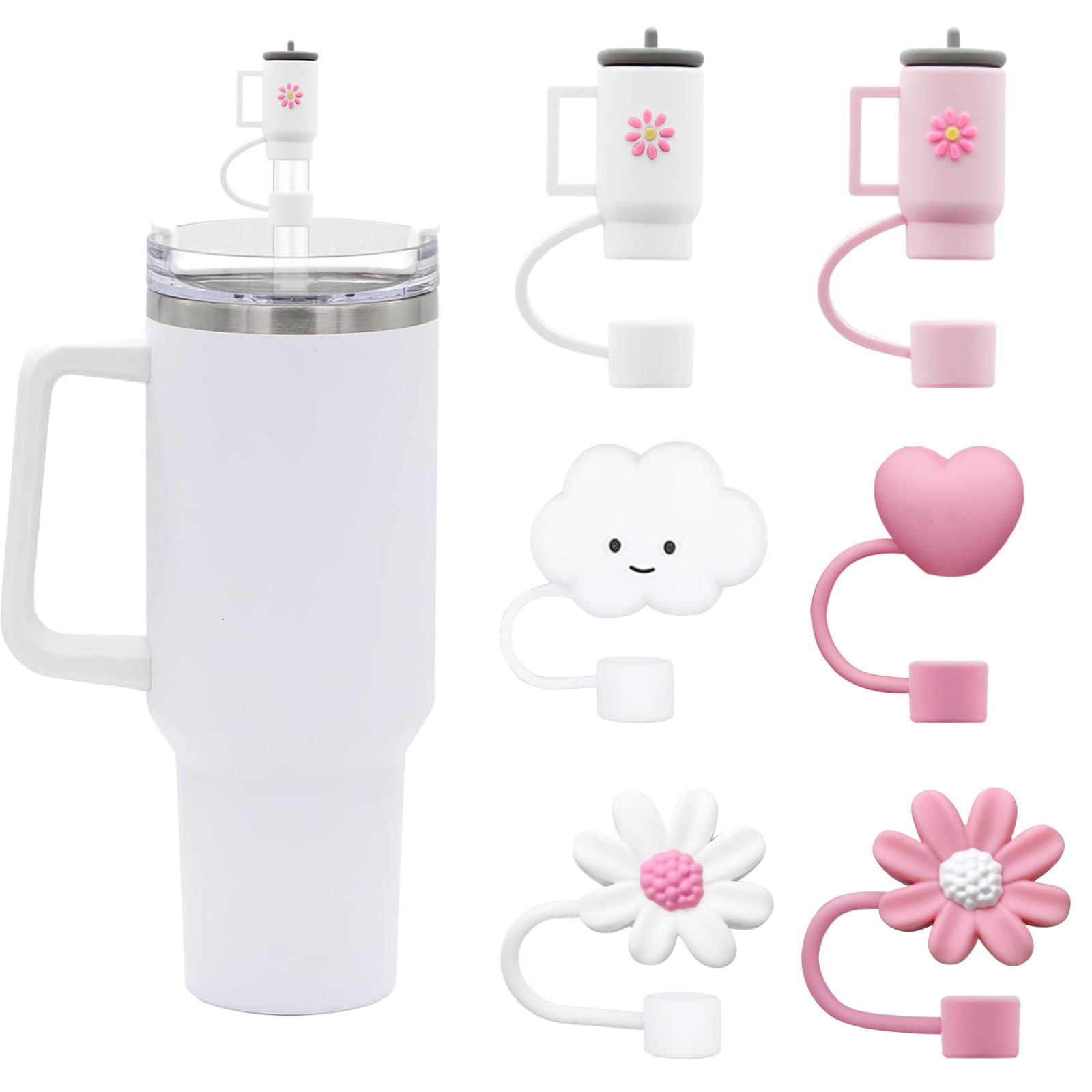 6Pcs Straw Covers for Stanley Cups 30&40 Oz Tumbler Reusable Silicone Straw Toppers Caps Flower Cloud Straw Tips Lids Dust-Proof 0.4in Straw Protectors of Stanley Cup Accessories