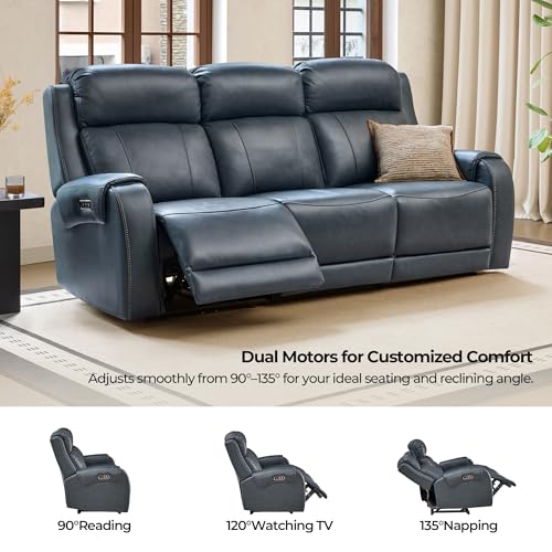 Image of CHITA Genuine Leather Power Recliner Sofa, 3 Seater Reclining Sofa, Navy
