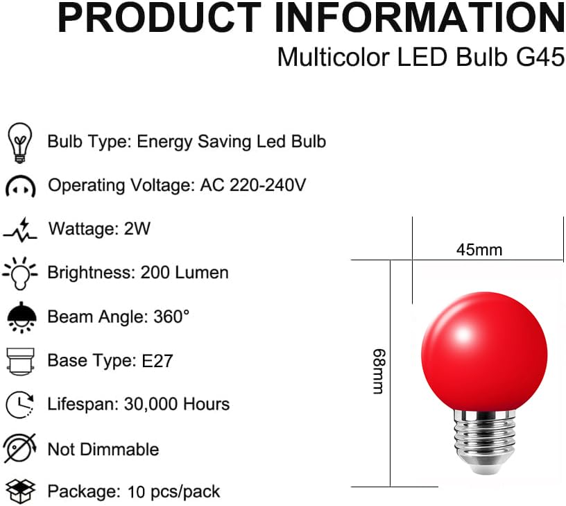 WULUN 10 Pack 2W Coloured LED Light Bulbs Festoon Party Lights for Indoor Outdoor Use - Multi Color, 10colors, E27 - Image 2