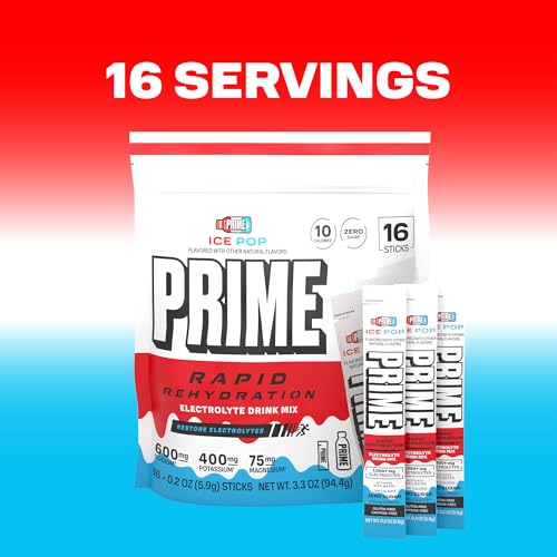 Image of Prime Rapid Rehydration Electrolyte Powder Sticks, Ice Pop, Sugar Free Hydration Drink Mix with Sodium, Potassium, Magnesium & B Vitamins to Replenish Fluids, Caffeine Free, 16 Count