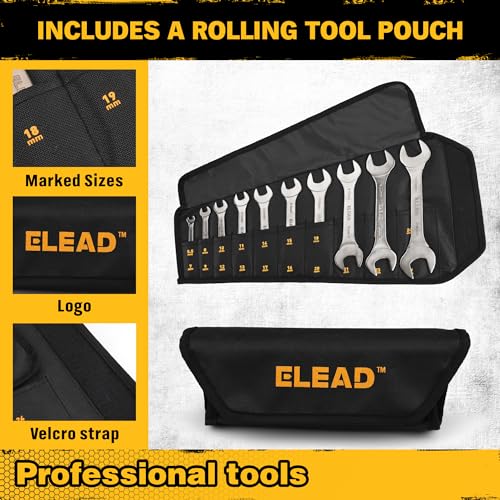 Image of ELEAD 10-Piece Super-Thin Open End Wrench Set, Metric 5.5-27mm, CR-V Nickel Plated, 3 mm Thickness for Tight Spaces, 5.5, 7, 8, 9, 10, 11, 12, 13, 14, 15, 16, 17, 18, 19, 20, 21, 22, 23, 24, 27mm