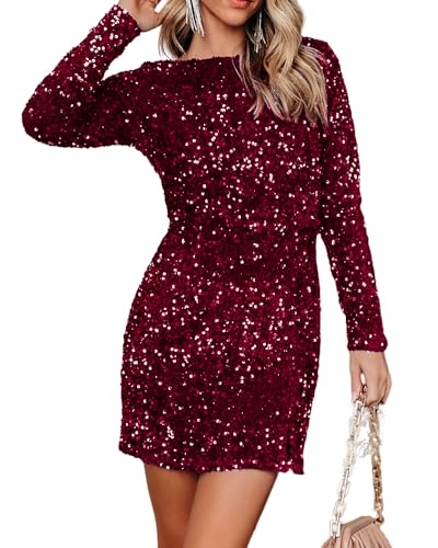 Image of R.Vivimos Women's Sequin Bodycon Dress Fall Winter Velvet Warm Long Sleeve Crew Neck Sexy Backless Glitter Slit Mini Dress