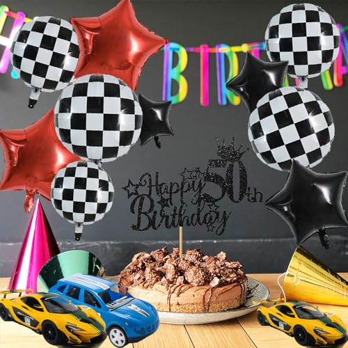 Image of TONIFUL 18Pcs Checkered Round Foil Balloons Race Car Themed Party Decor