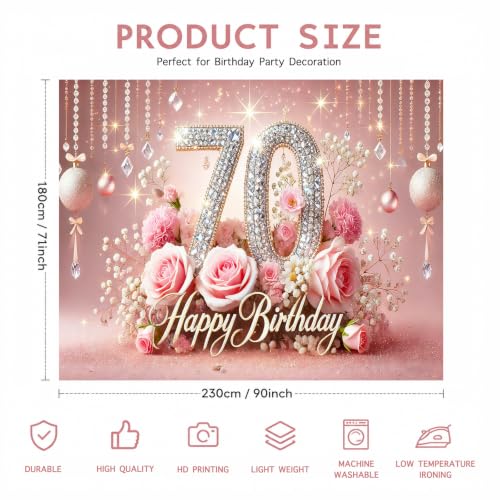 Image of Nuxovilar 70th Birthday Banner - Elegant Pink & Gold Floral Backdrop