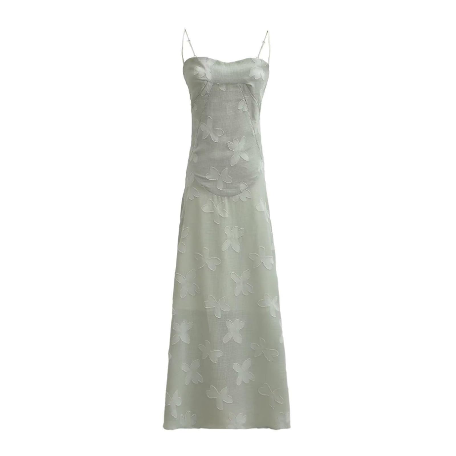 NOLLAM Casual Women's Butterfly Embroidered Spaghetti Strap Slim Maxi Dress Summer Sleeveless Low Cut Party Club Bodycon Cami Dress Beach Green