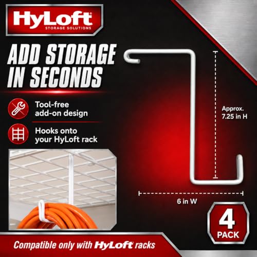 Image of HyLoft Add-On Storage Hook Accessory for HyLoft Model-540 Ceiling Rack, 00212, 4 Count, White