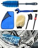 Motorcycle Cleaning Brush Kit 6 Pack, Easy Reach Brush, Chain Brush,Wool Wash Mitt, Stiff Tire Brush, Detailing Brush& Microfiber Towel for Motorcycle Mudguard, Rims,Exhaust, Frame Detailing Wash Kit
